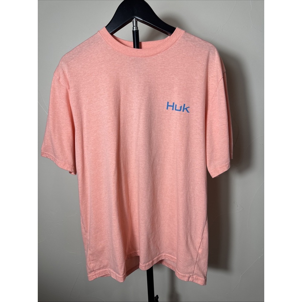HUK Fishing Blue Graphic T-shirt Men's Size M Graphic  Back Short Sleeves Coral